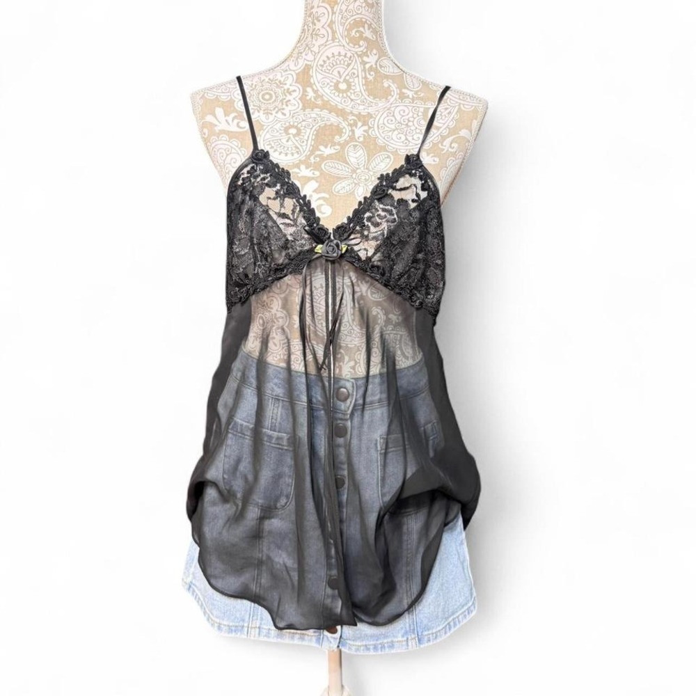 Seductive Wear by Cinema Exoile Black Sheer Lace Babydoll Cami Y2K Lingerie L - Picture 2 of 6